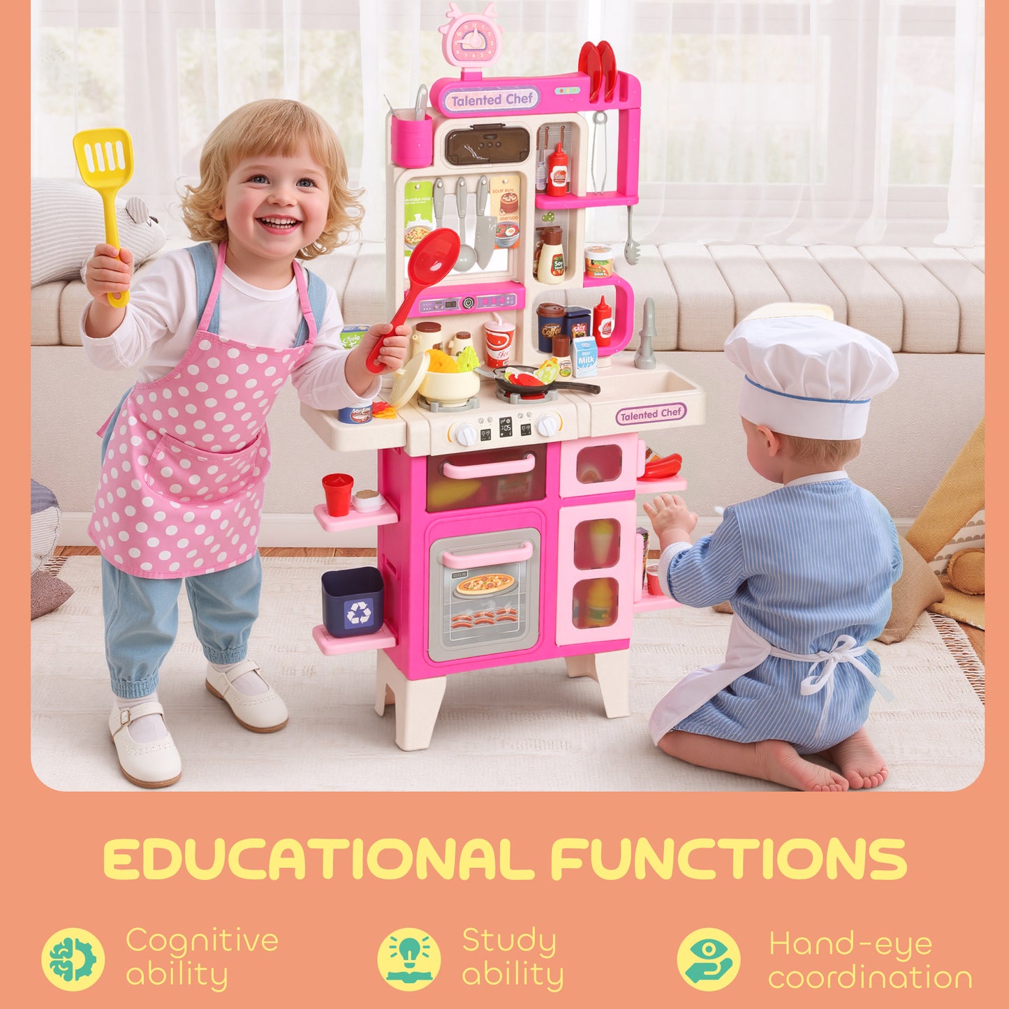 Pretend Play Kitchen Set with Realistic Lights & Sounds, 104PCS Toy Kitchen Accessories for Boys and Girls, Pink