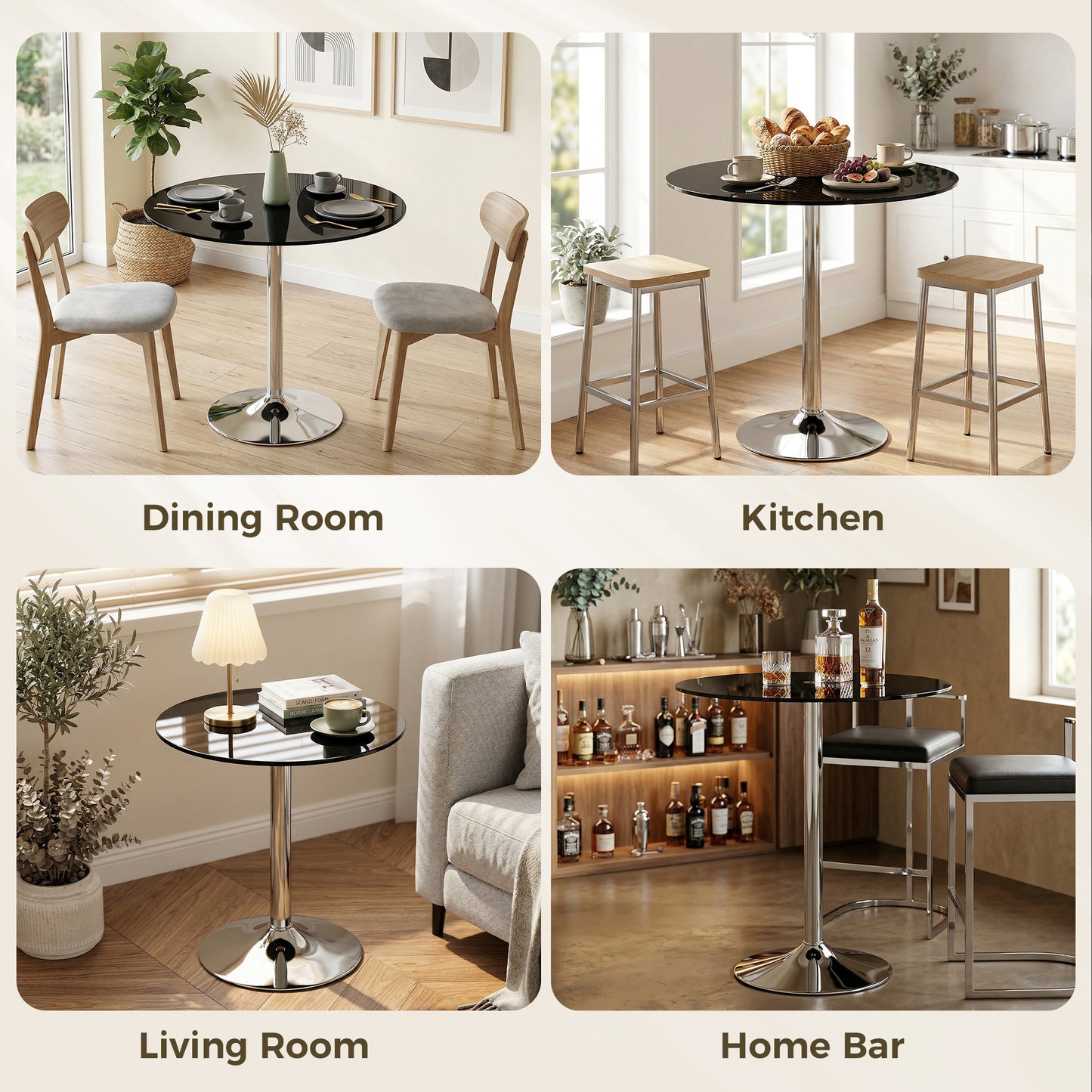 Round Bar Table, Modern Dining Table with Tempered Glass Top and Steel Frame for 4, 70 x 70 x 75.5cm, Black