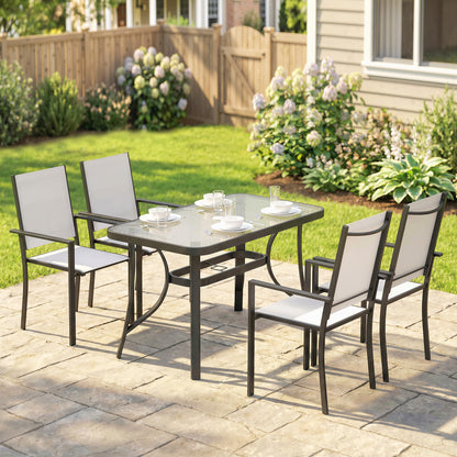 Garden Dining Set for 4 with Umbrella Hole, Stackable Chairs and Rectangular Glass-Top Outdoor Table, Light Grey