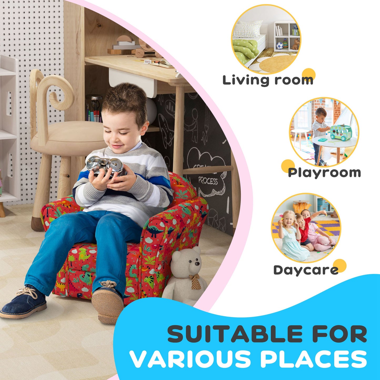 Kids Armchair with Dinosaur Design, Wooden Frame, for Bedroom, Playroom, Kids Room - Red