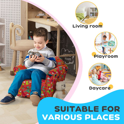 Kids Armchair with Dinosaur Design, Wooden Frame, for Bedroom, Playroom, Kids Room - Red