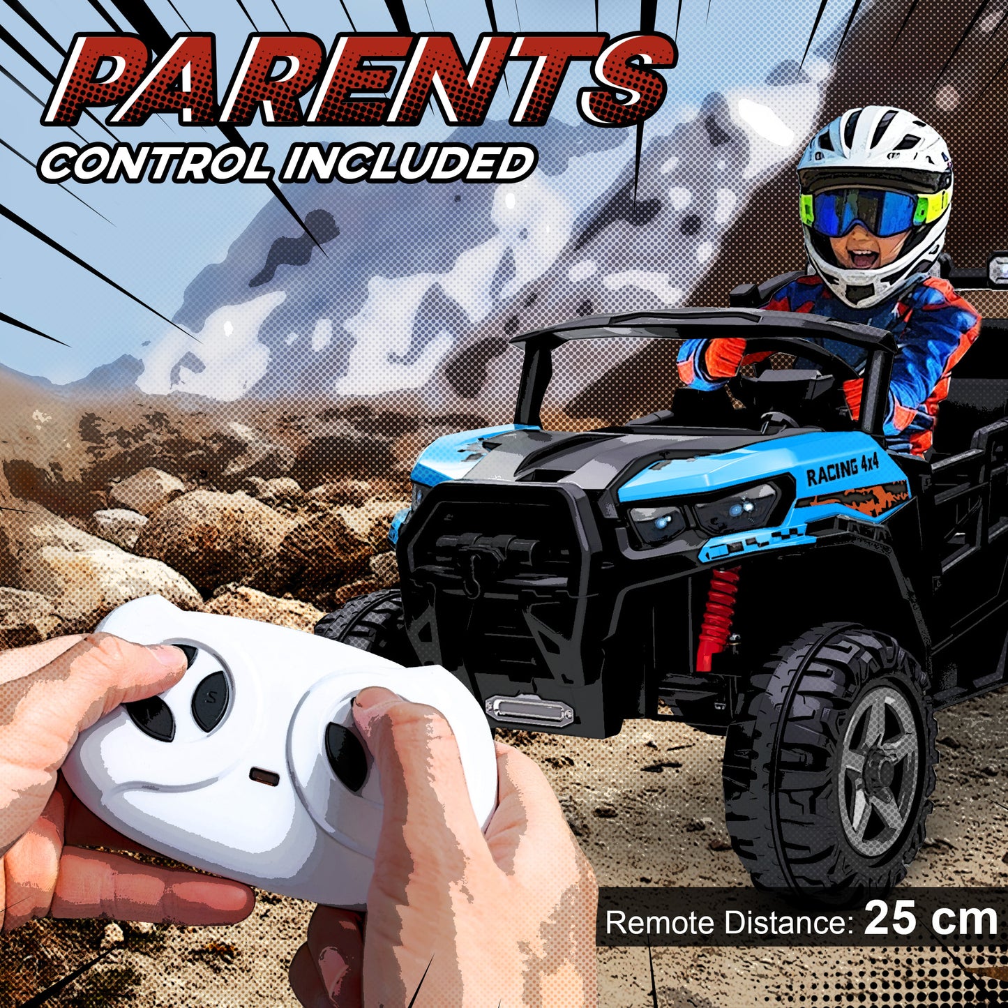 24V Electric Ride on Car, 2-Seater Electric Car for Kids with Remote, Bluetooth, Soft Start, Suspension Spring, Blue