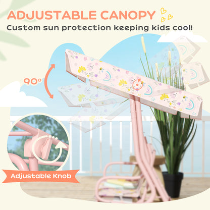 Kids Garden Swing Chair with Adjustable Canopy, Safety Belt, 2 Seater Hammock Swing Bench for Patio, Porch, Pink
