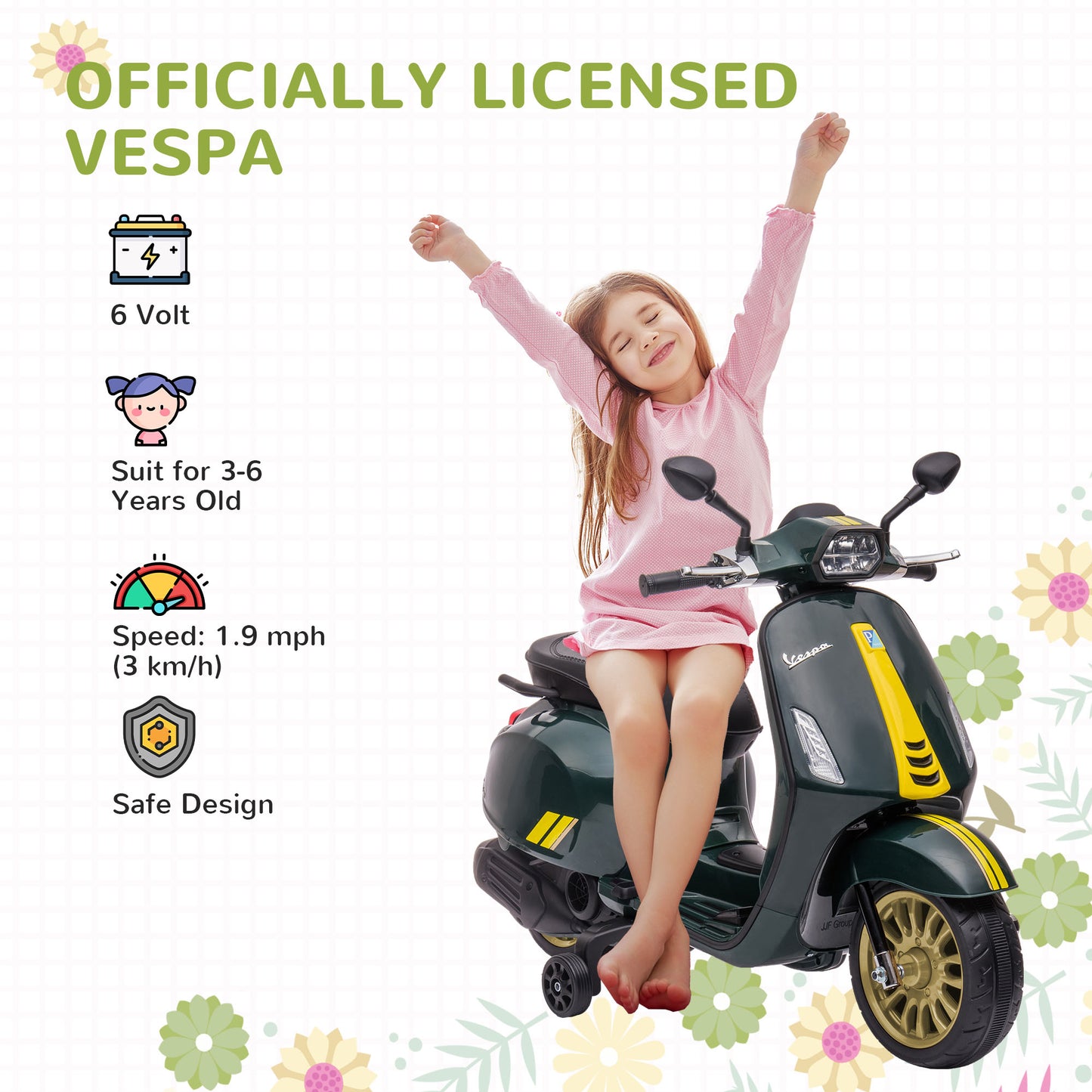 12V Vespa Licensed Kids Electric Motorbike w/ Music, Lights, FM Radio, for 3-6 Years - Green