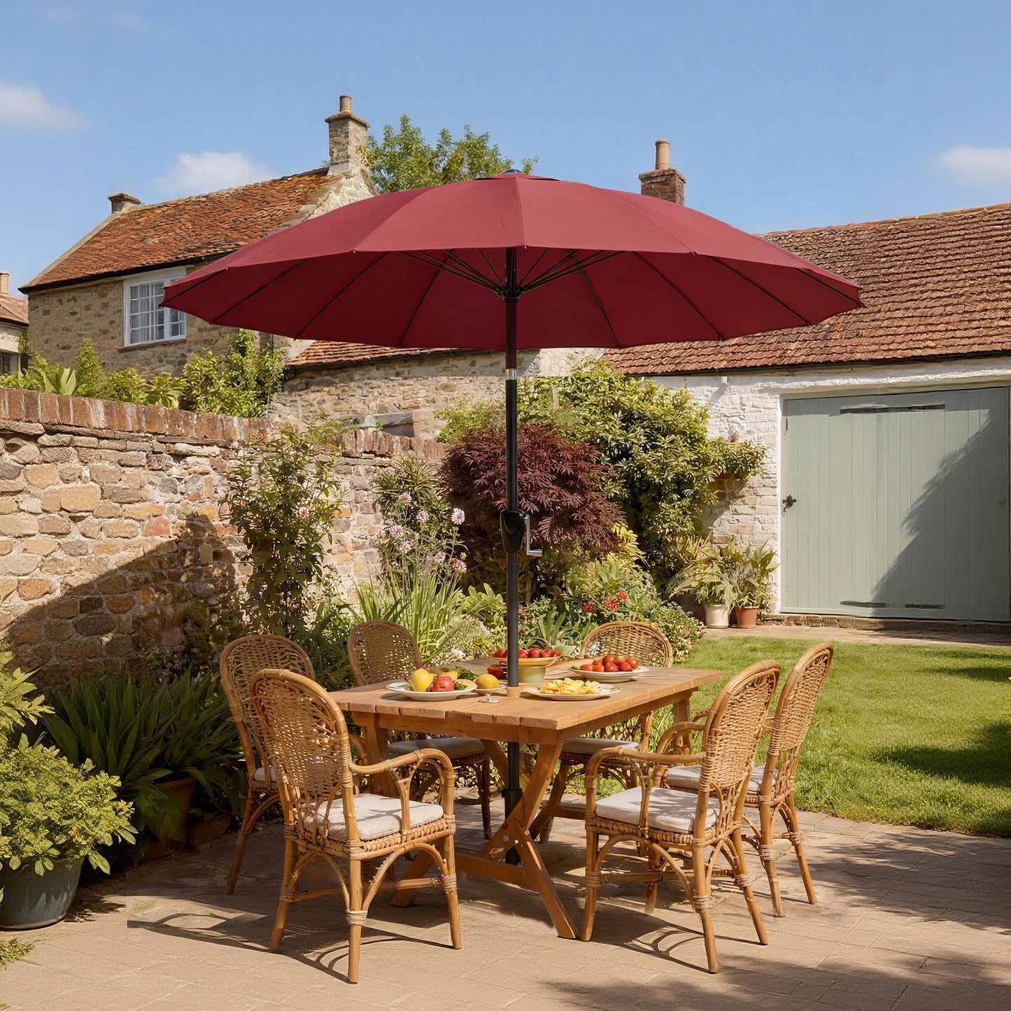 2 m Shanghai Garden Parasol Umbrella with 16 Fibreglass Ribs, Outdoor Parasol Sun Shade with Crank & Tilt, Wine Red
