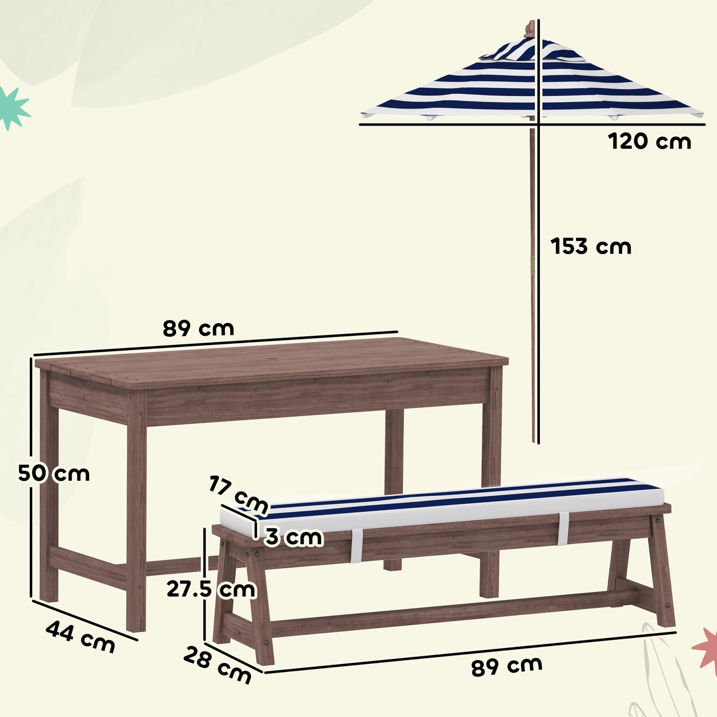 Outdoor Wooden Kids Picnic Table & Bench Set with Cushions and Umbrella, for Patio, Garden, Navy Blue