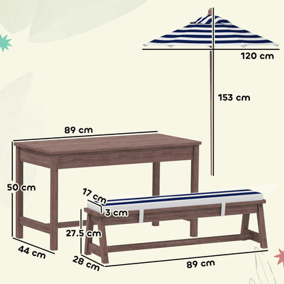Outdoor Wooden Kids Picnic Table & Bench Set with Cushions and Umbrella, for Patio, Garden, Navy Blue