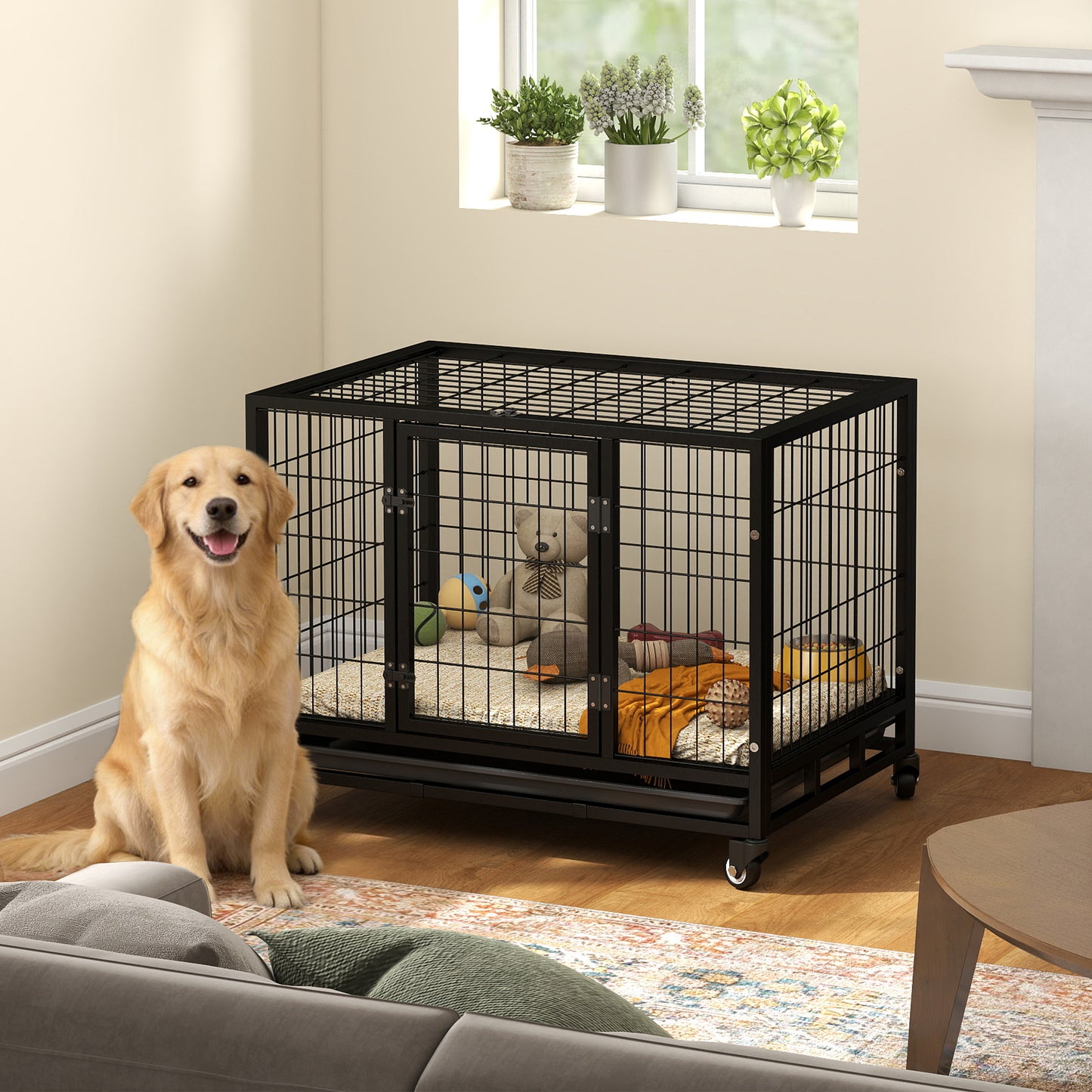 36" Heavy Duty Metal Dog Crate Pet Cage with Tray Wheeled Dog Kennel - Black (Medium)
