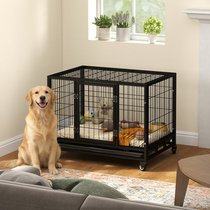 36" Heavy Duty Metal Dog Crate Pet Cage with Tray Wheeled Dog Kennel - Black (Medium)