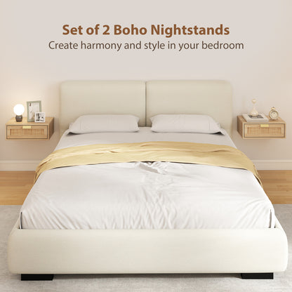Floating Bedside Tables Set of 2, Wall Mounted Bedside Cabinets with Rattan Drawer and Wood Effect, Oak