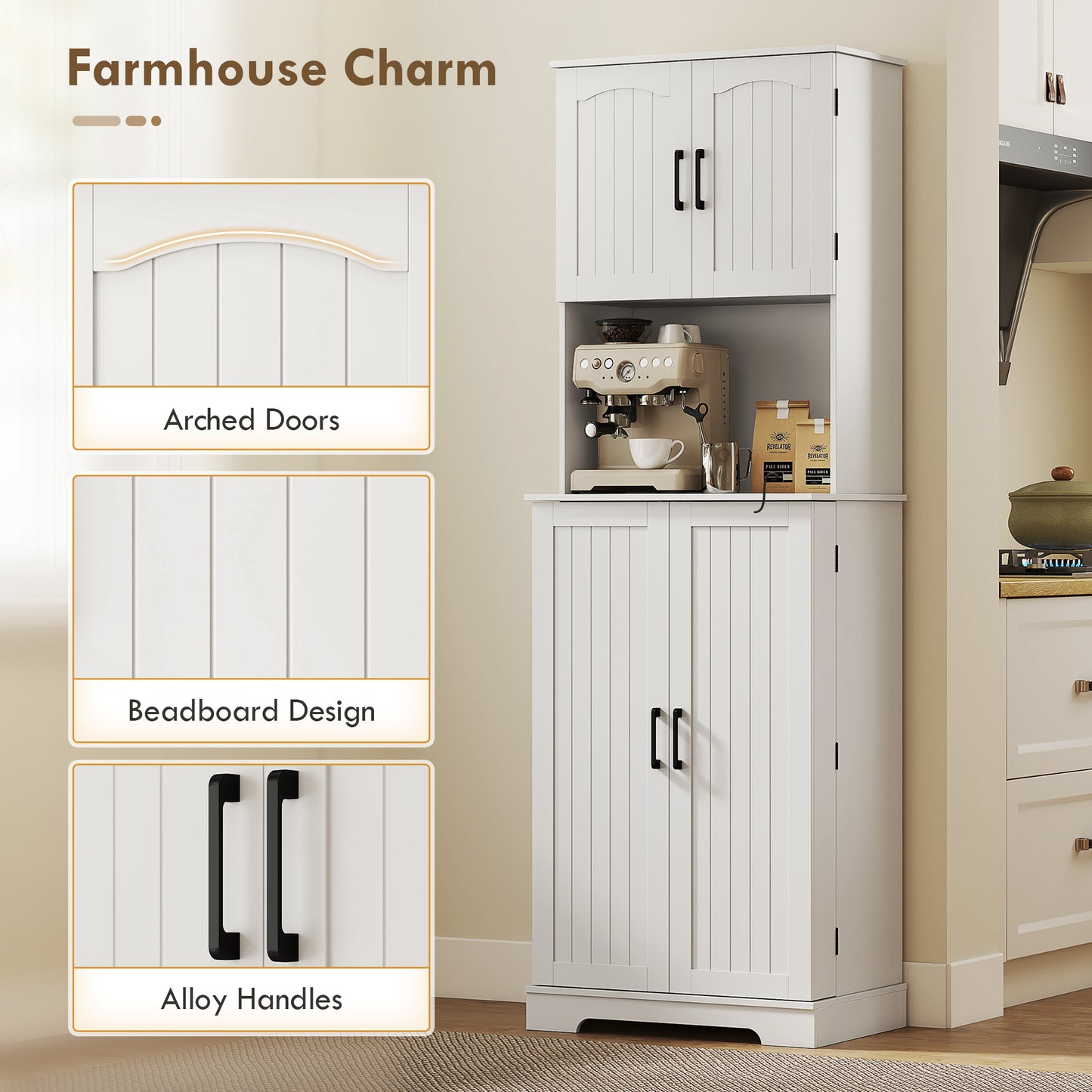 181.5 cm Freestanding Storage Cabinet, Tall Kitchen Cupboard with Adjustable Shelves, 8 Door Spice Racks, White