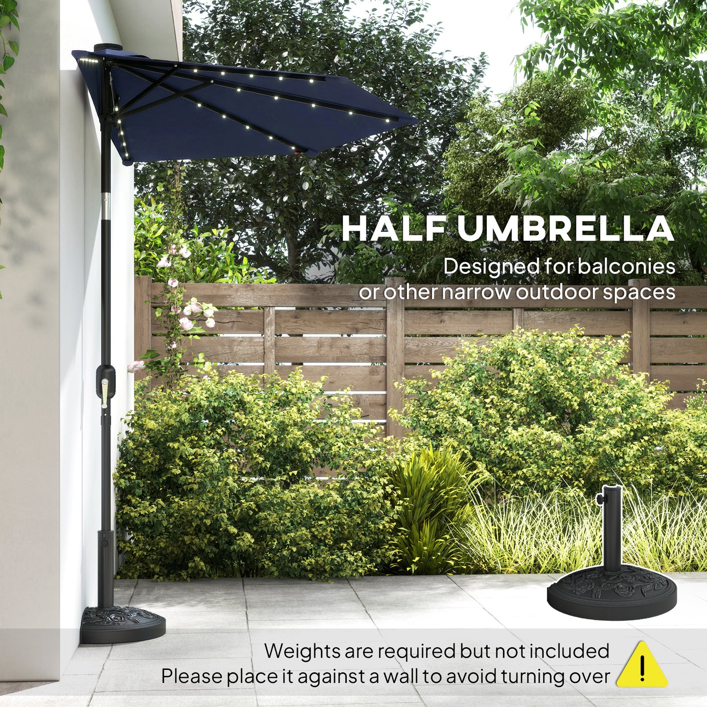 2.6 m Half Garden Parasol with Solar LED Lights, UPF50+ Semi Round Umbrella with 30° Tilt, Crank Handle, Dark Blue
