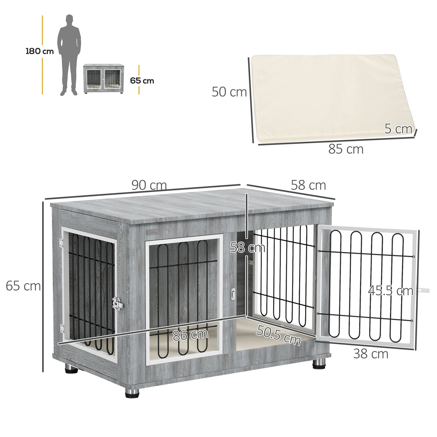 Dog Crate Furniture End Table, with Washable Cushion, Double Doors, for Medium/Large Dogs, Grey