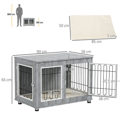 Dog Crate Furniture End Table, with Washable Cushion, Double Doors, for Medium/Large Dogs, Grey