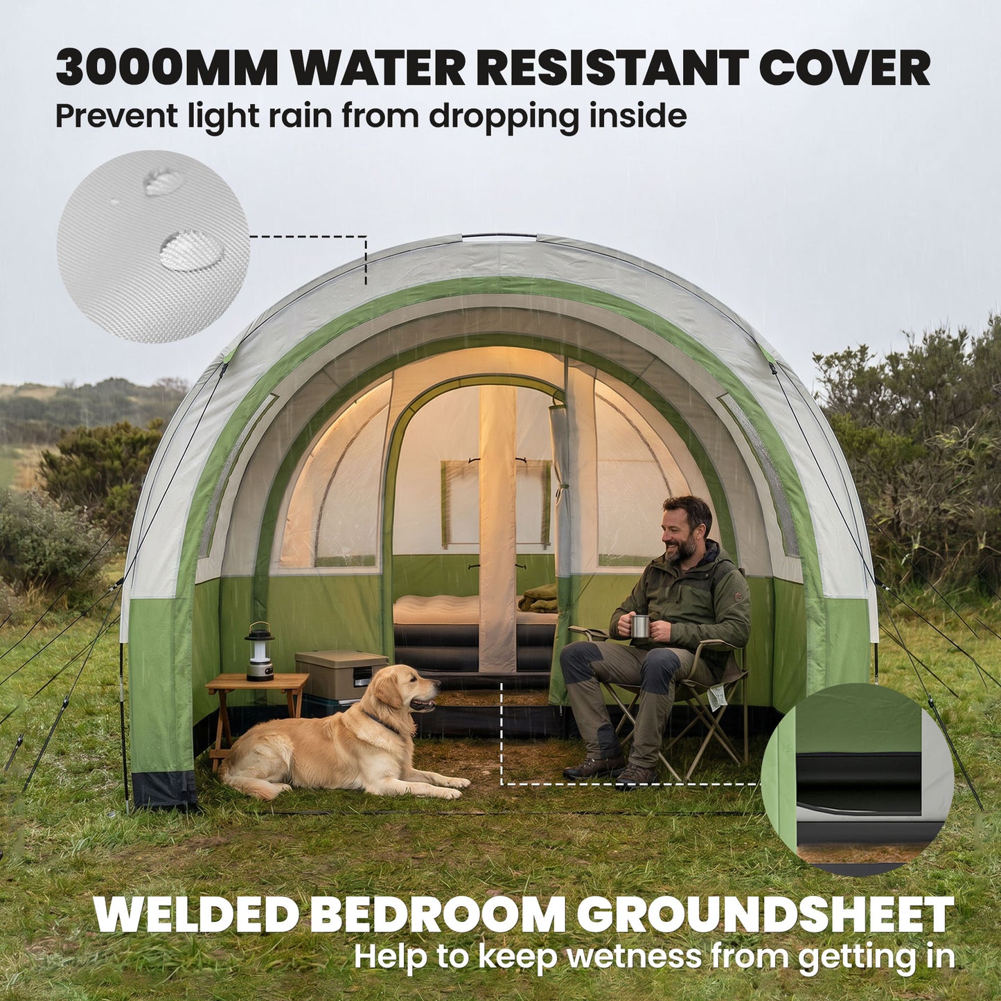 Three Man Duo Room Tunnel Tent, with Accessories - Cream/Green