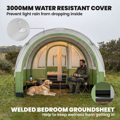 Three Man Duo Room Tunnel Tent, with Accessories - Cream/Green