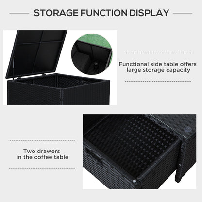 4 Seater Rattan Garden Furniture Set with Storage Box, 2 Drawers Coffee Table, Black