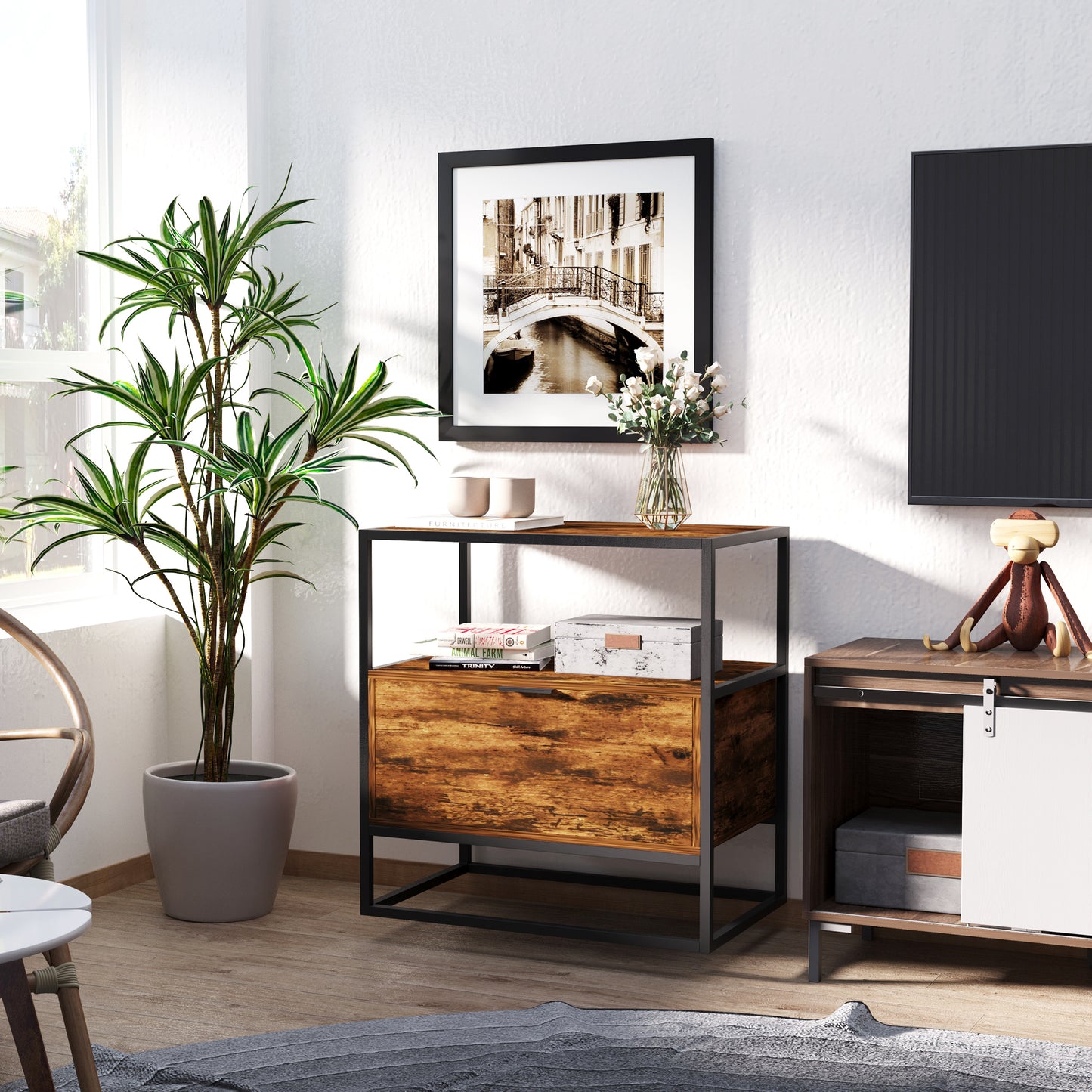 Industrial-Style Side Table w/ Drawer Open Shelf Steel Frame Large Base Two-Tone Retro Stylish Home Furniture Bedroom Living