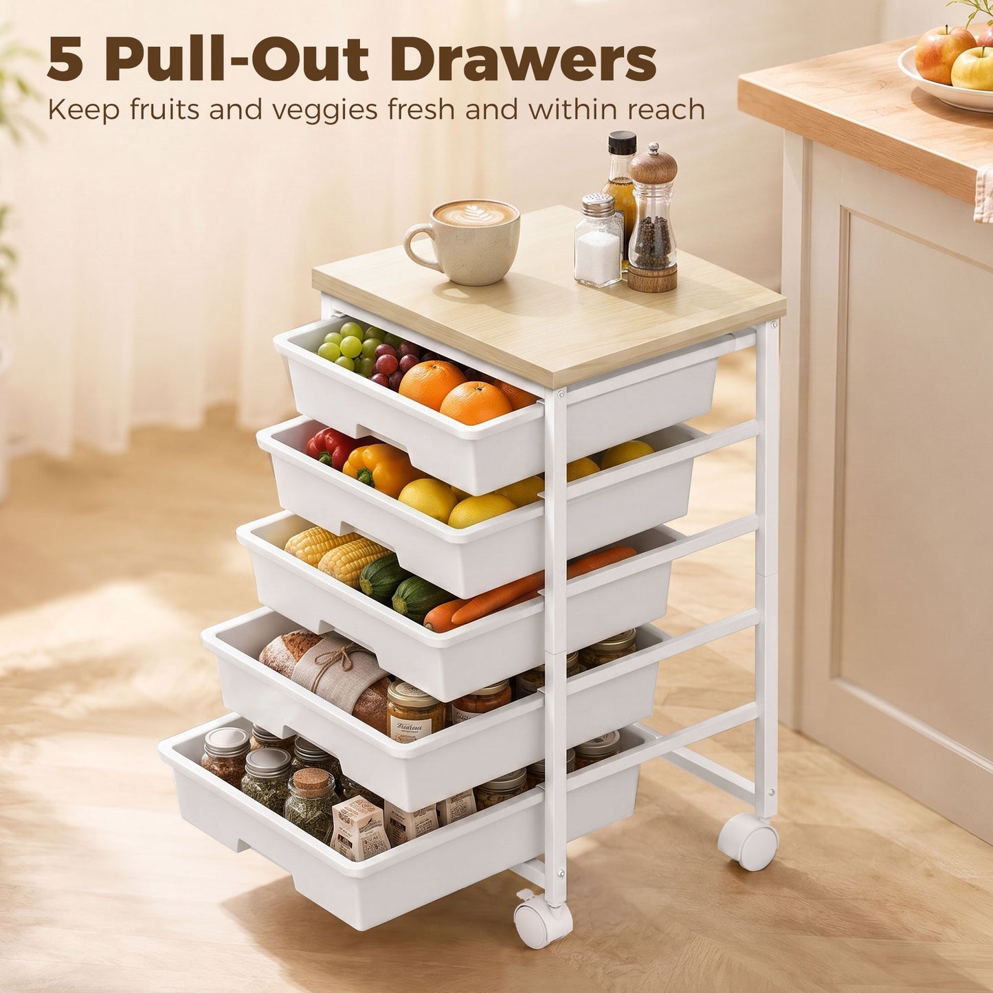 6-Tier Storage Trolley on Wheels, Metal Kitchen Rolling Cart with 5 Pull-Out Drawers, White