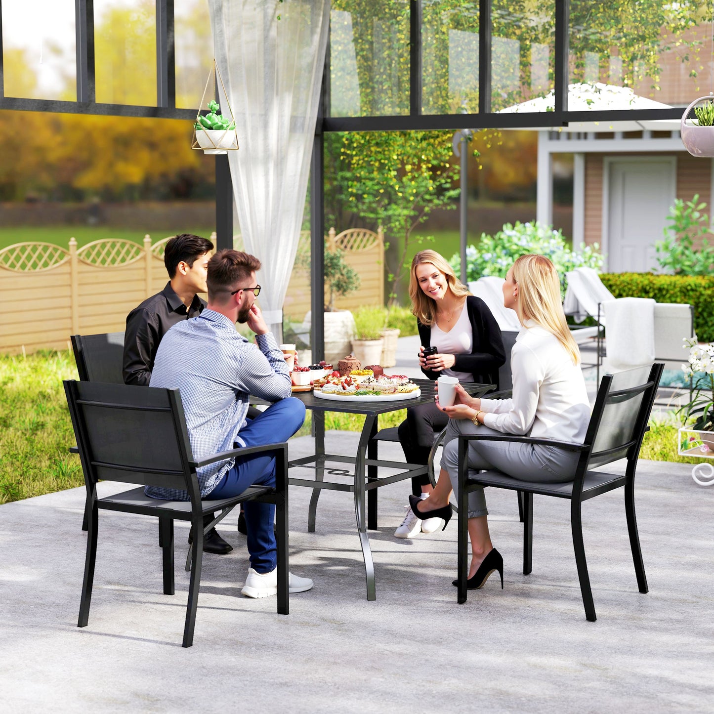 94 x 94 cm Garden Table with Parasol Hole, Outdoor Dining Garden Table for Four with Slatted Metal Plate Top, Dark Grey