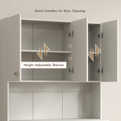 Freestanding Kitchen Pantry Storage Cabinet with Adjustable Shelves & Middle Worktop - White