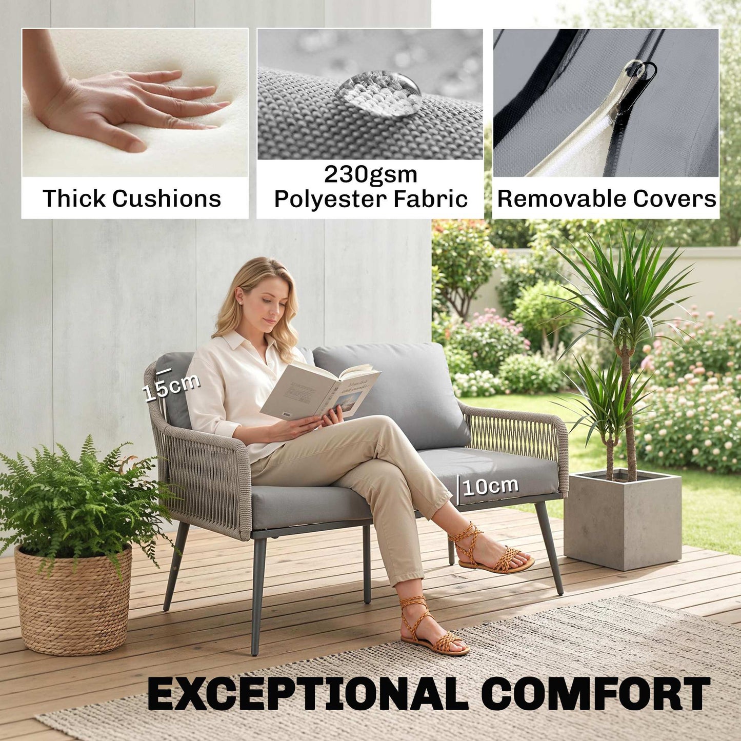 Rattan Garden Furniture Set, 4 Piece Outdoor Patio Furniture with Tempered Glass Table and Chairs