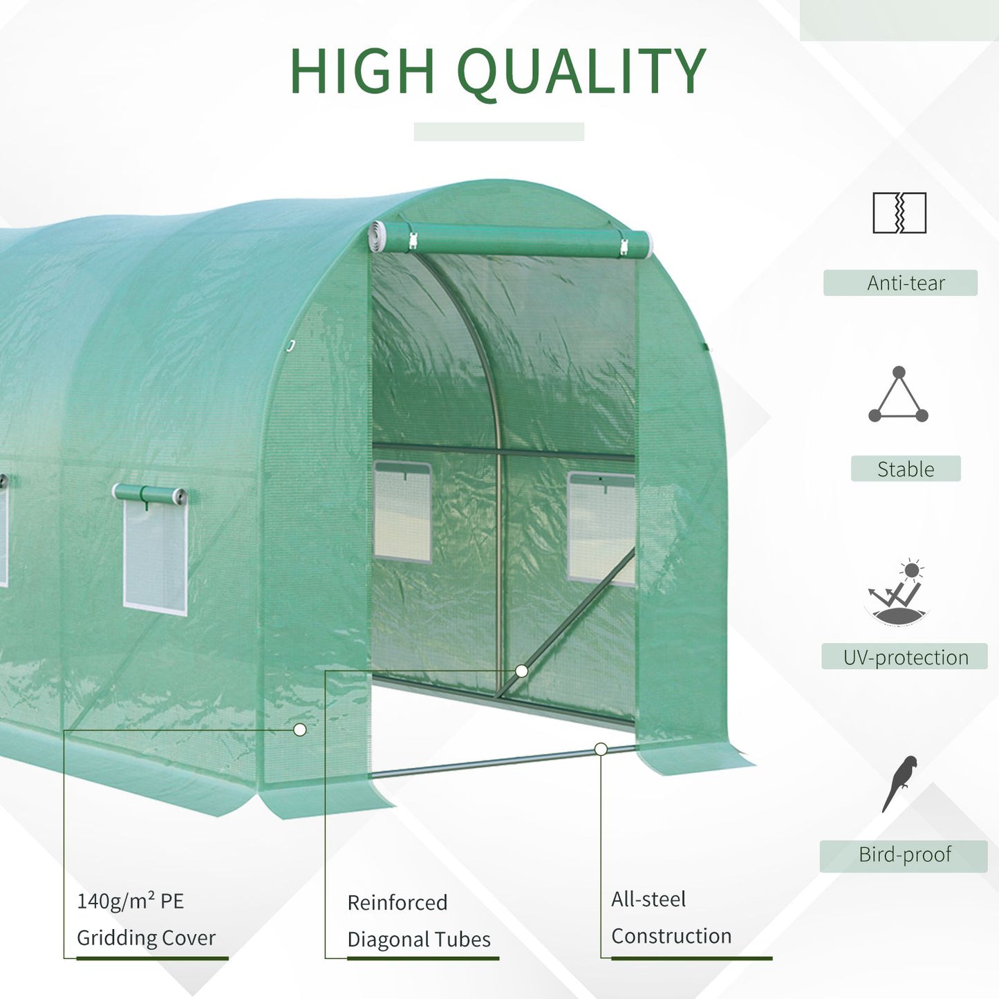 4 x 2 x 2 m Polytunnel Greenhouse with Roll-up Door and 6 Mesh Windows