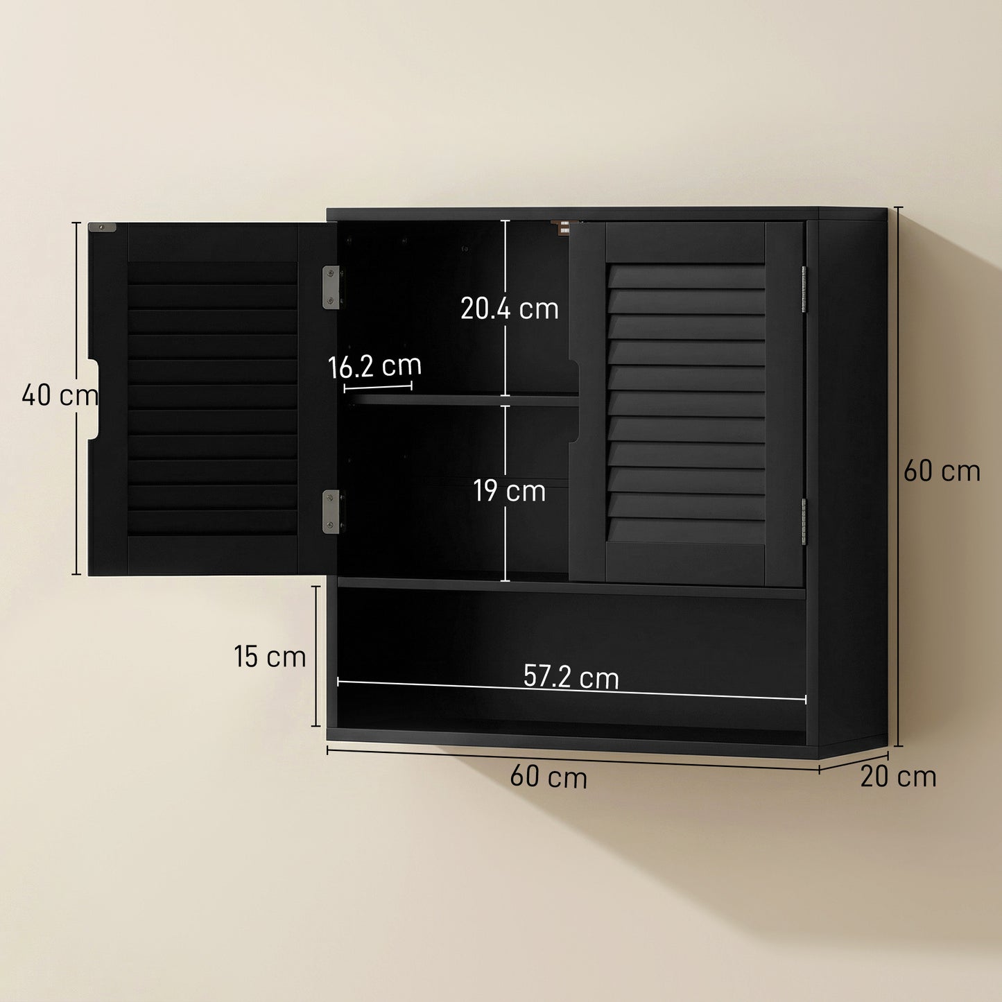 Bathroom Cabinet, Wall Mounted Storage Cabinet with Adjustable Shelves, 60 x 20 x 60 cm, Black