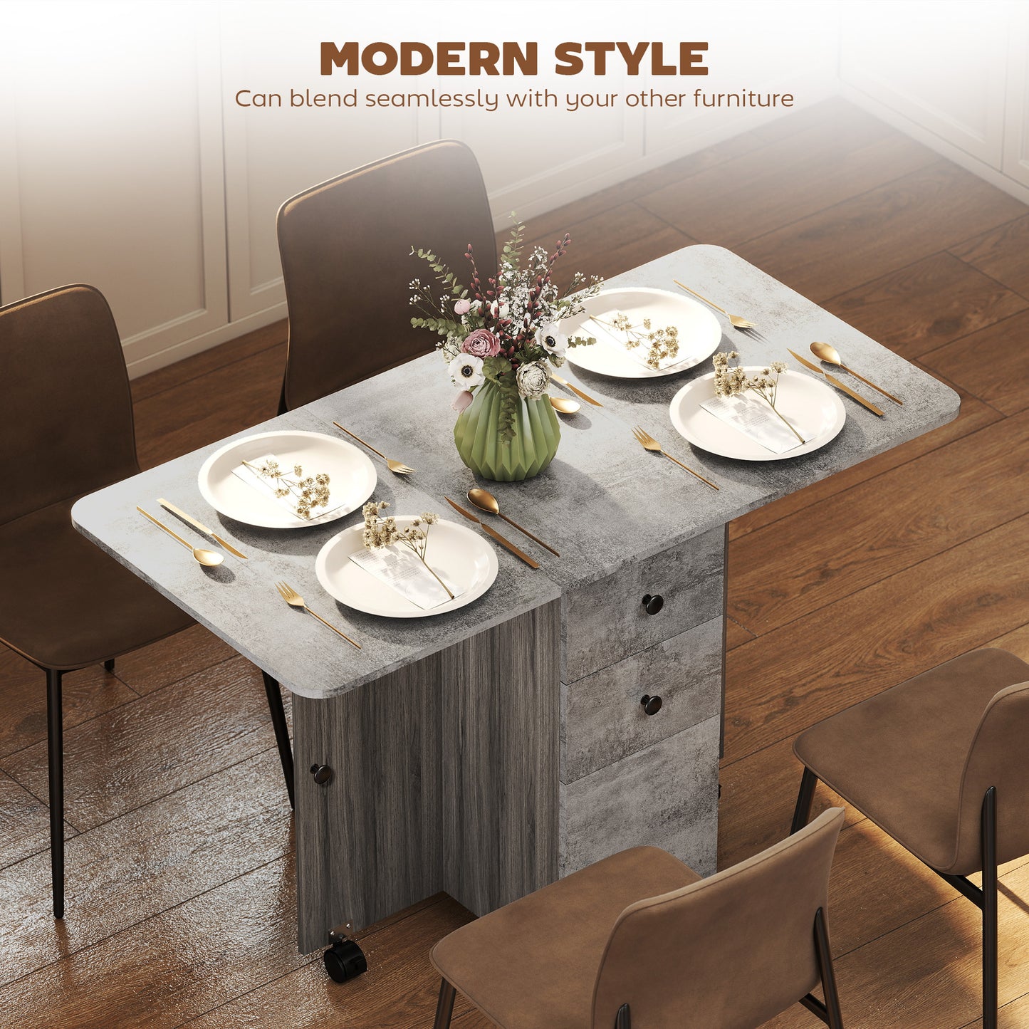 Multi-Storage Six-Person Drop Leaf Dining Table - Mixed Grey