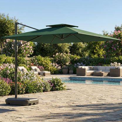 Cantilever Parasol with Weighted Base Double Top Garden Parasol Square Hanging Patio Umbrella with Crank Tilt Dark Green