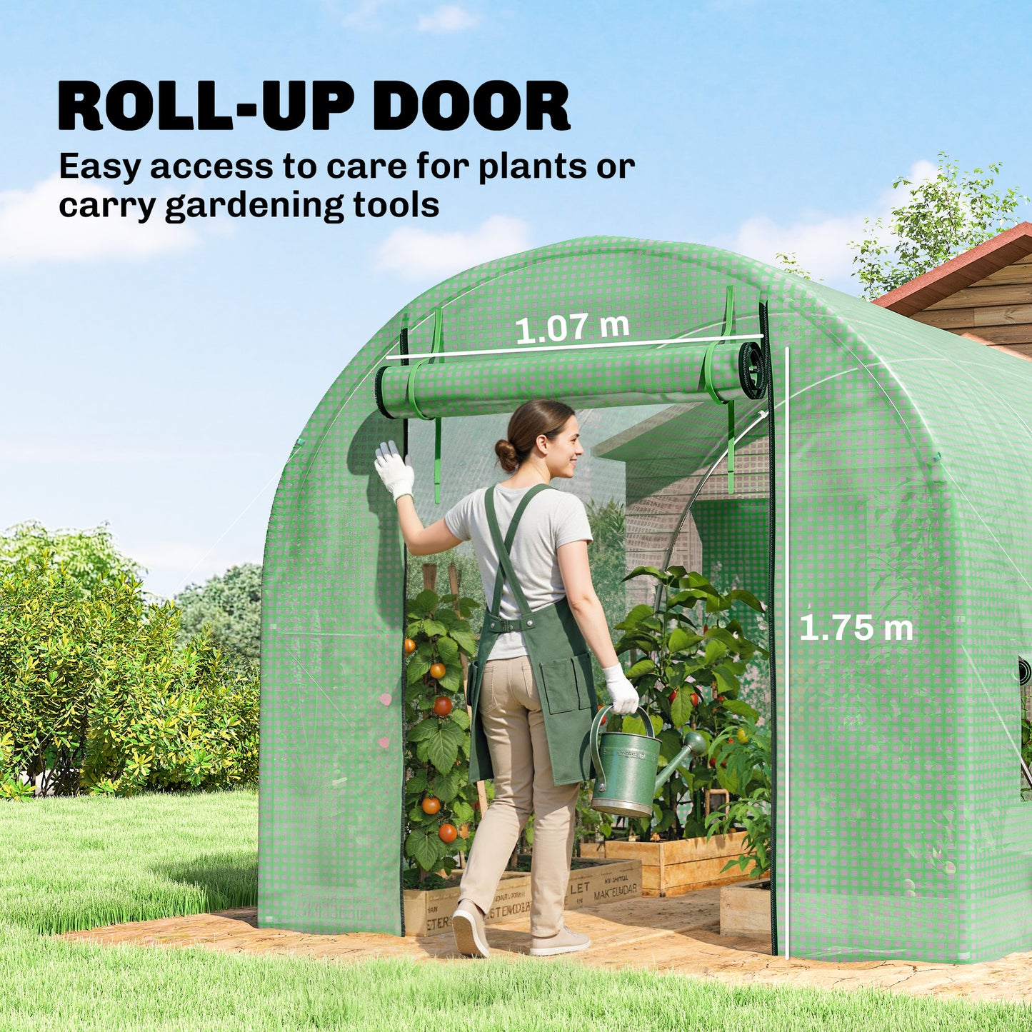 Walk-In Garden Polytunnel Greenhouse with Steel Frame, PE Cover, Roll-Up Door and 4 Windows, 2.5 x 2m, Green