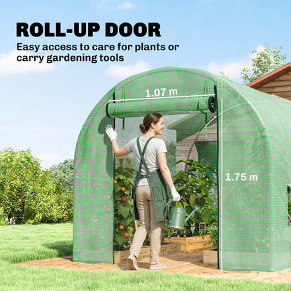 Walk-In Garden Polytunnel Greenhouse with Steel Frame, PE Cover, Roll-Up Door and 4 Windows, 2.5 x 2m, Green