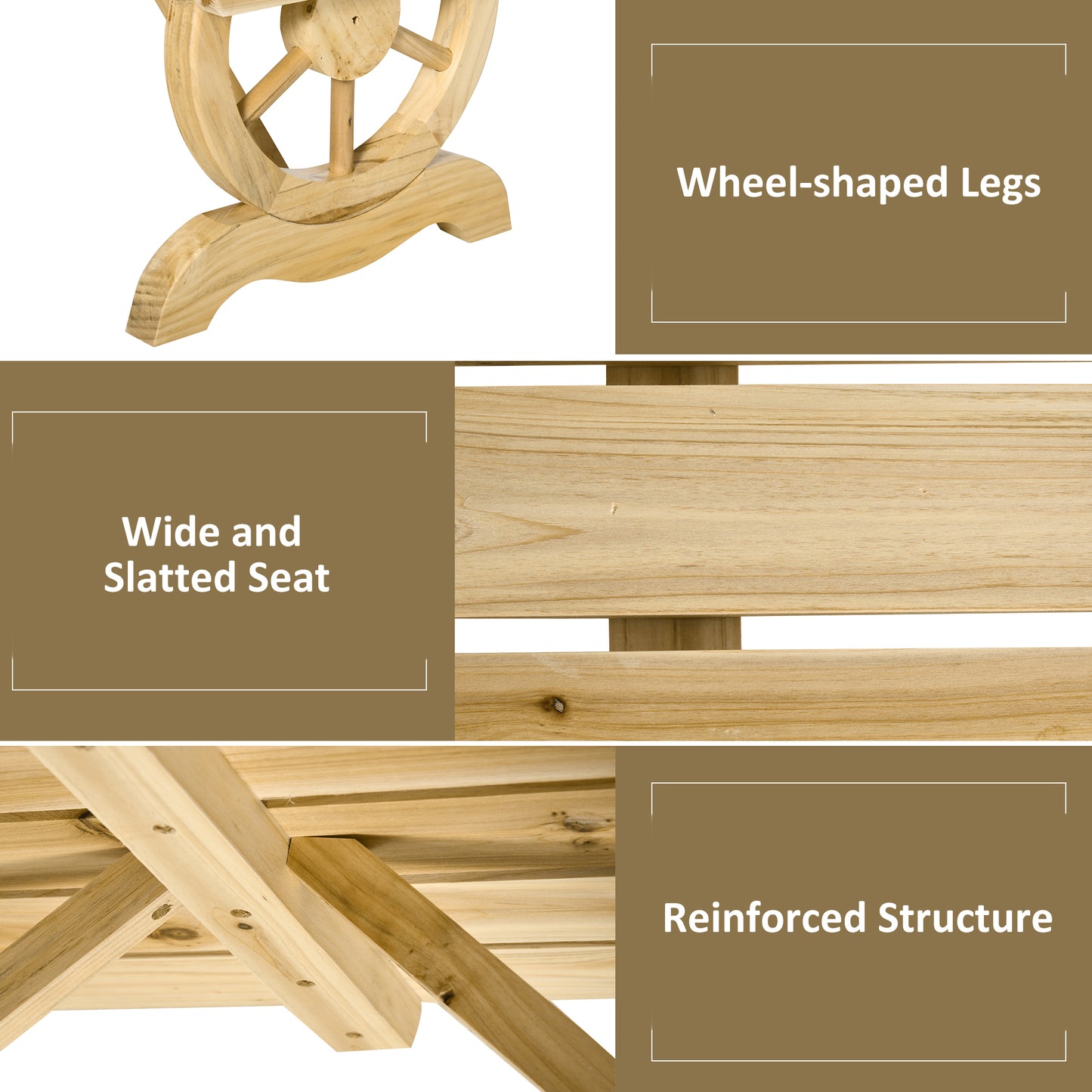 2-Person Garden Bench Rustic Wooden Outdoor Bench with Wheel-Shaped Legs Slatted Seat for Patio Natural Wood Effect