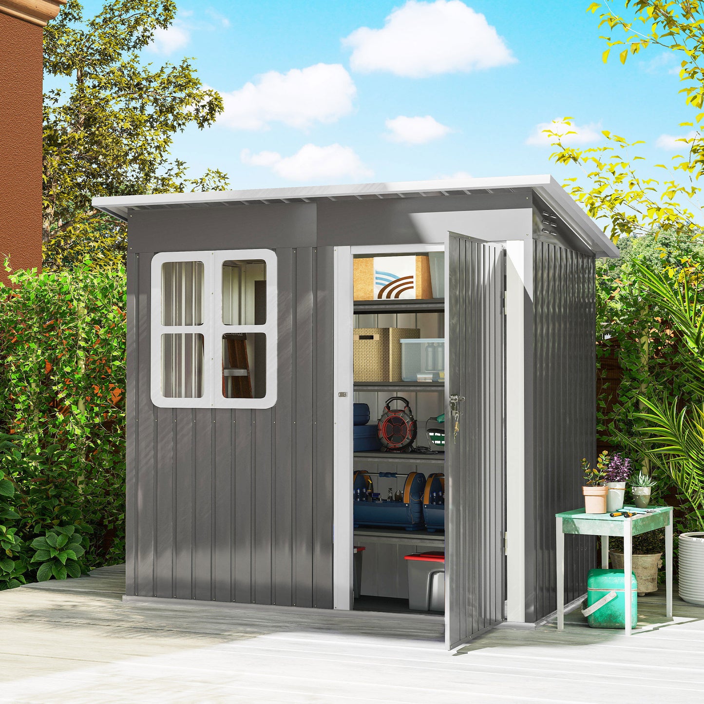7 x 4ft Eco-friendly Galvanised Steel Garden Shed, with Lock and Gloves, 40kg/㎡ Snow Capacity - Grey