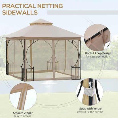 3 x 3(m) Garden Gazebo Patio Party Tent Shelter Outdoor Canopy Double Tier Sun Shade Metal Frame Netting, Beige