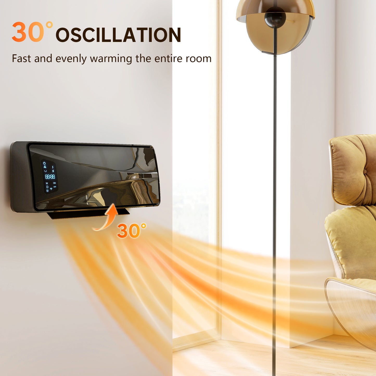 2000W Ceramic Electric Heater with Fan, Adjustable Thermostat, Wall Mounted - Black