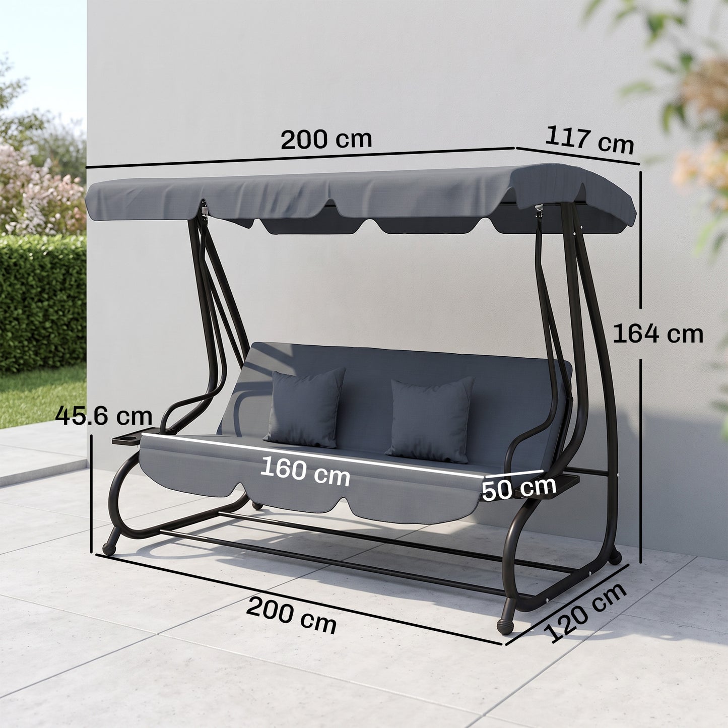 Three-Person garden Swing Chair, with Adjustable Canopy - Dark Grey
