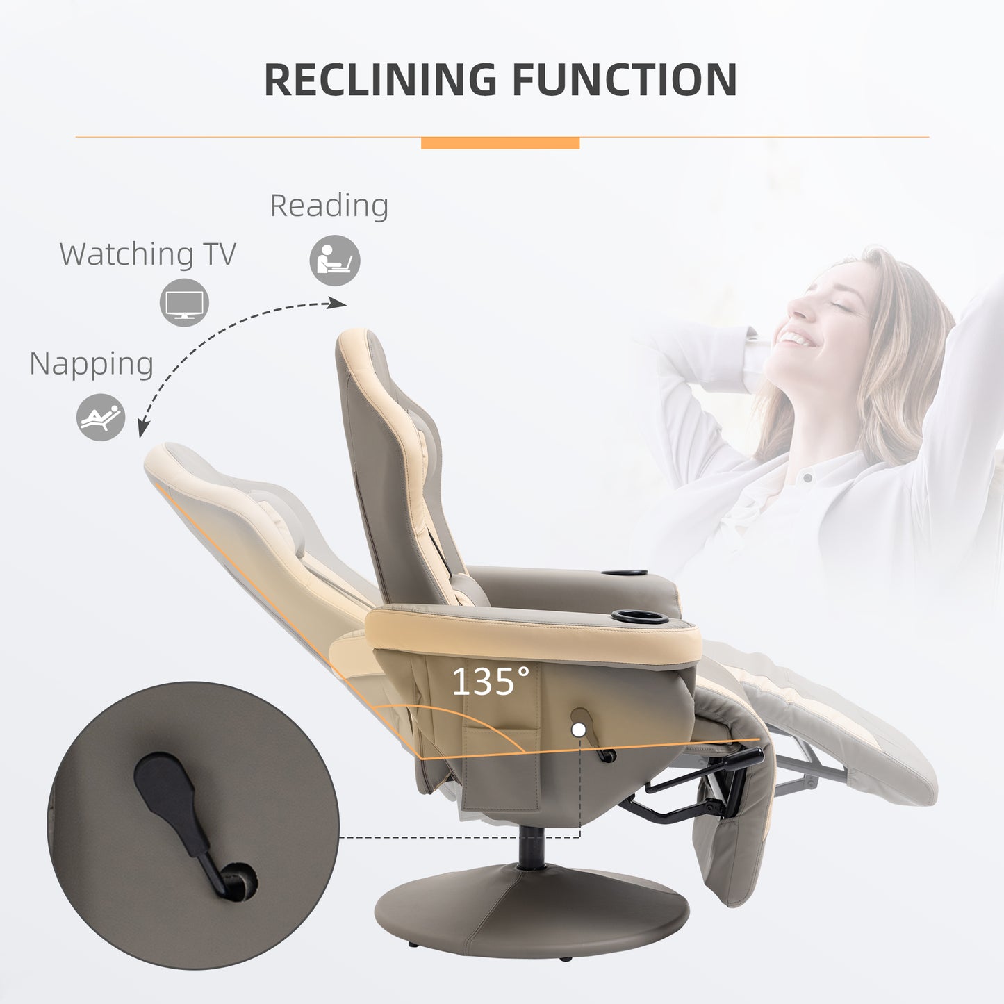 Manual Recliner Armchair PU Leather Lounge Chair w/ Adjustable Leg Rest, 135° Reclining Function, Grey