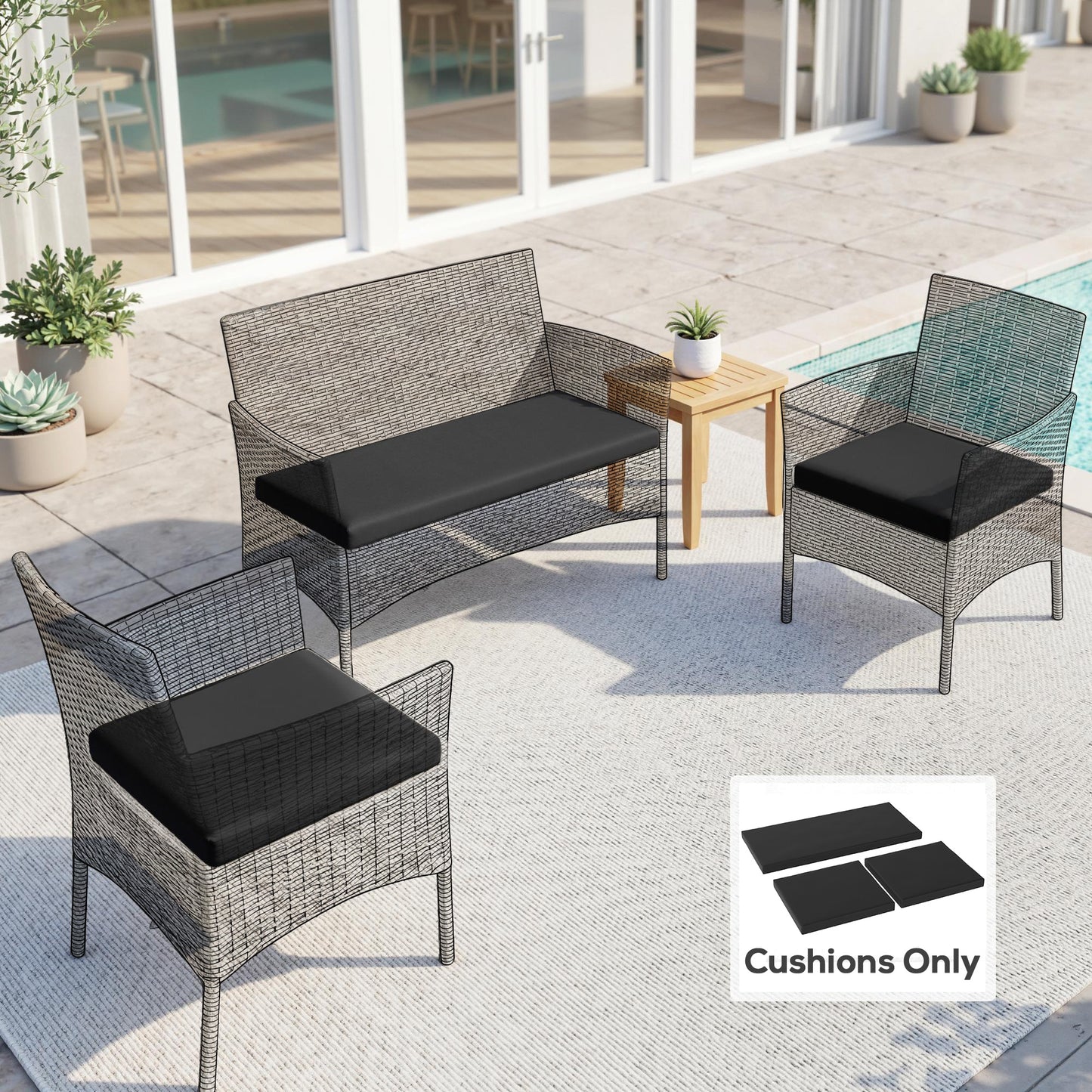 Outdoor Seat Cushion Pads for Rattan Furniture, 3 PCs Garden Furniture Cushions, Black