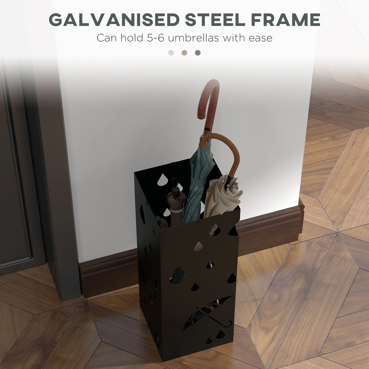 Steel Umbrella Stand, Square Umbrella Holder with 4 Hooks and Removable Drip Tray, Hollowed Umbrella Basket for Hallway