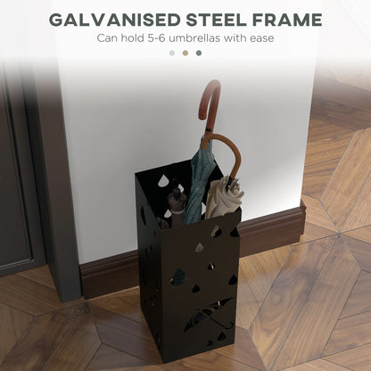 Steel Umbrella Stand, Square Umbrella Holder with 4 Hooks and Removable Drip Tray, Hollowed Umbrella Basket for Hallway