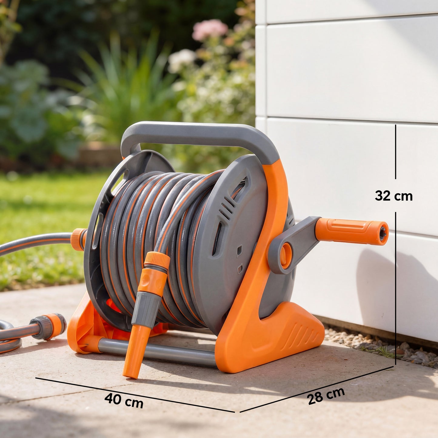 Portable Garden Hose Reel, 20+2 m Wall Mounted Hose Reel with 2 Patterns Spray Nozzle and Crank Handle, Orange