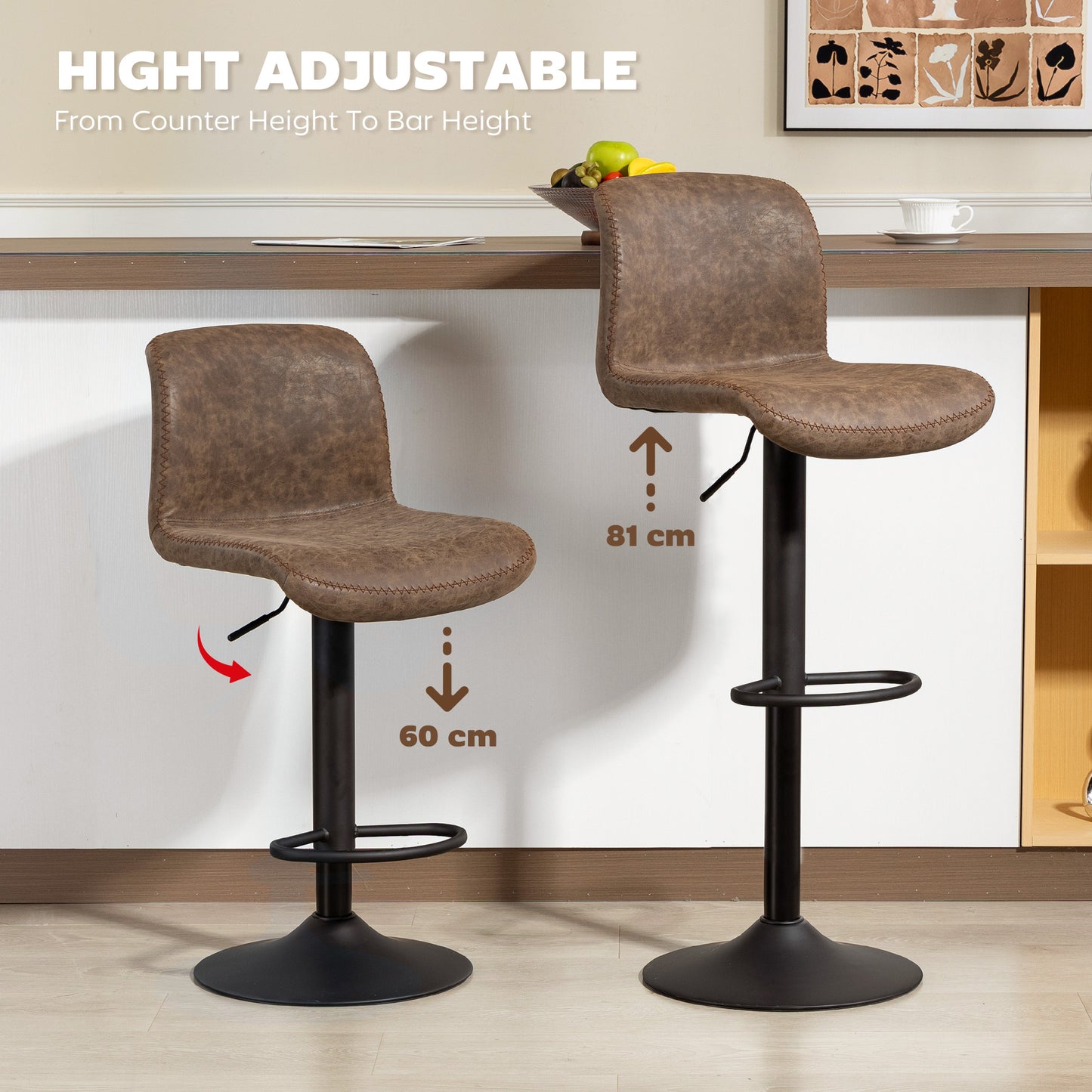 Bar Stools Set of 2, PU Leather Barstools with Backrest and Footrest for Kitchen, Counter, Breakfast Bar, Brown