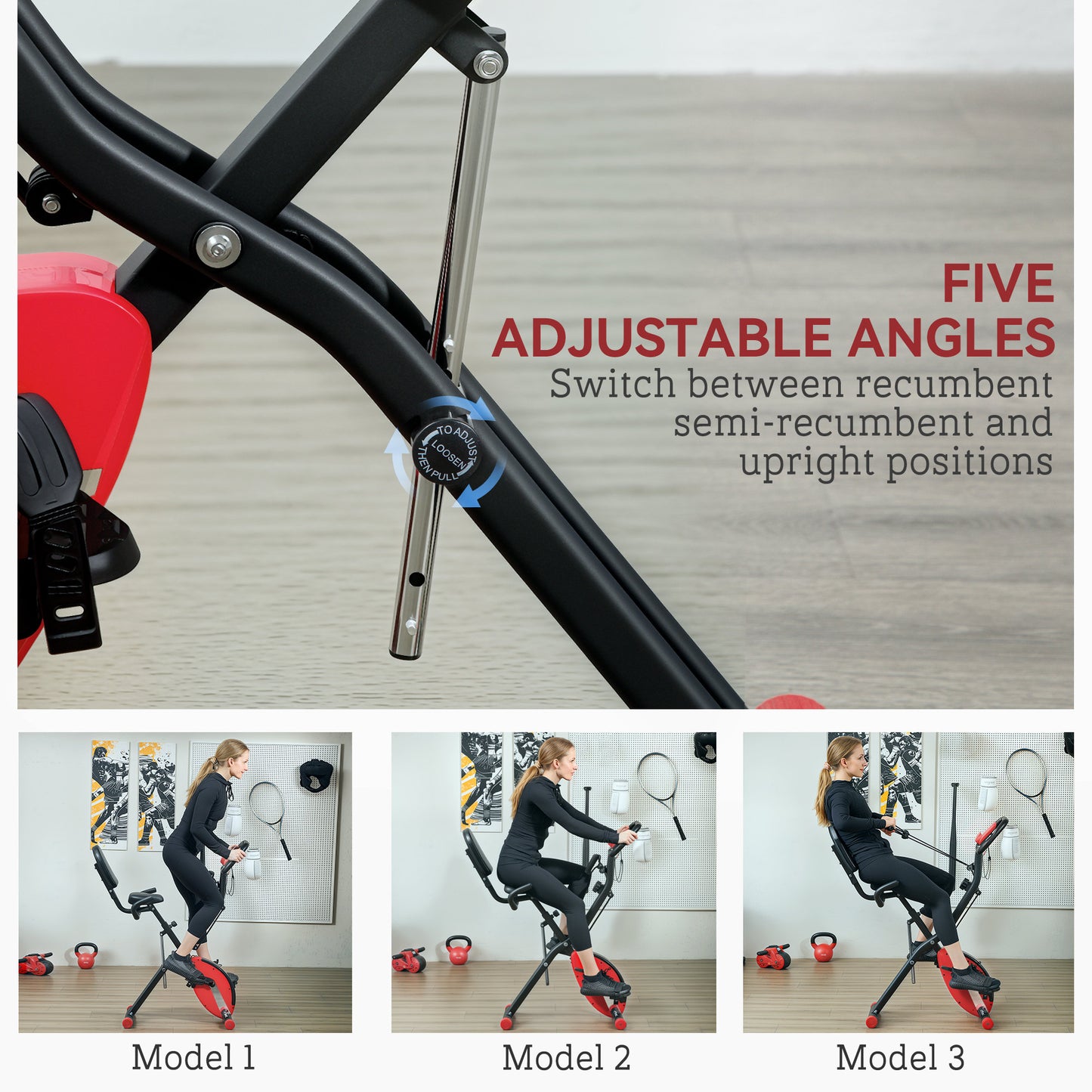 Five-in-one Foldable Exercise Bike, Stationary Bike with Arm Workout Bands, LDC Monitor, Phone Holder, Red
