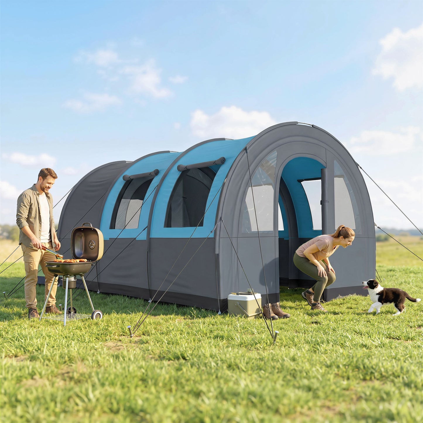 Three Man Duo Room Tunnel Tent, with Accessories - Grey/Blue