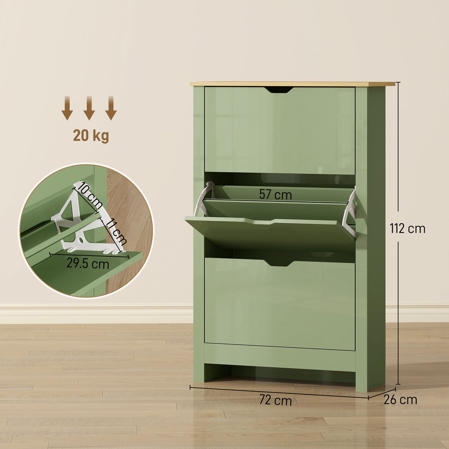 Slim Shoe Cabinet, Narrow Shoe Cupboard with 3 Flip Drawers, Adjustable Shelves for 18 Pairs of Shoes, High Gloss Green