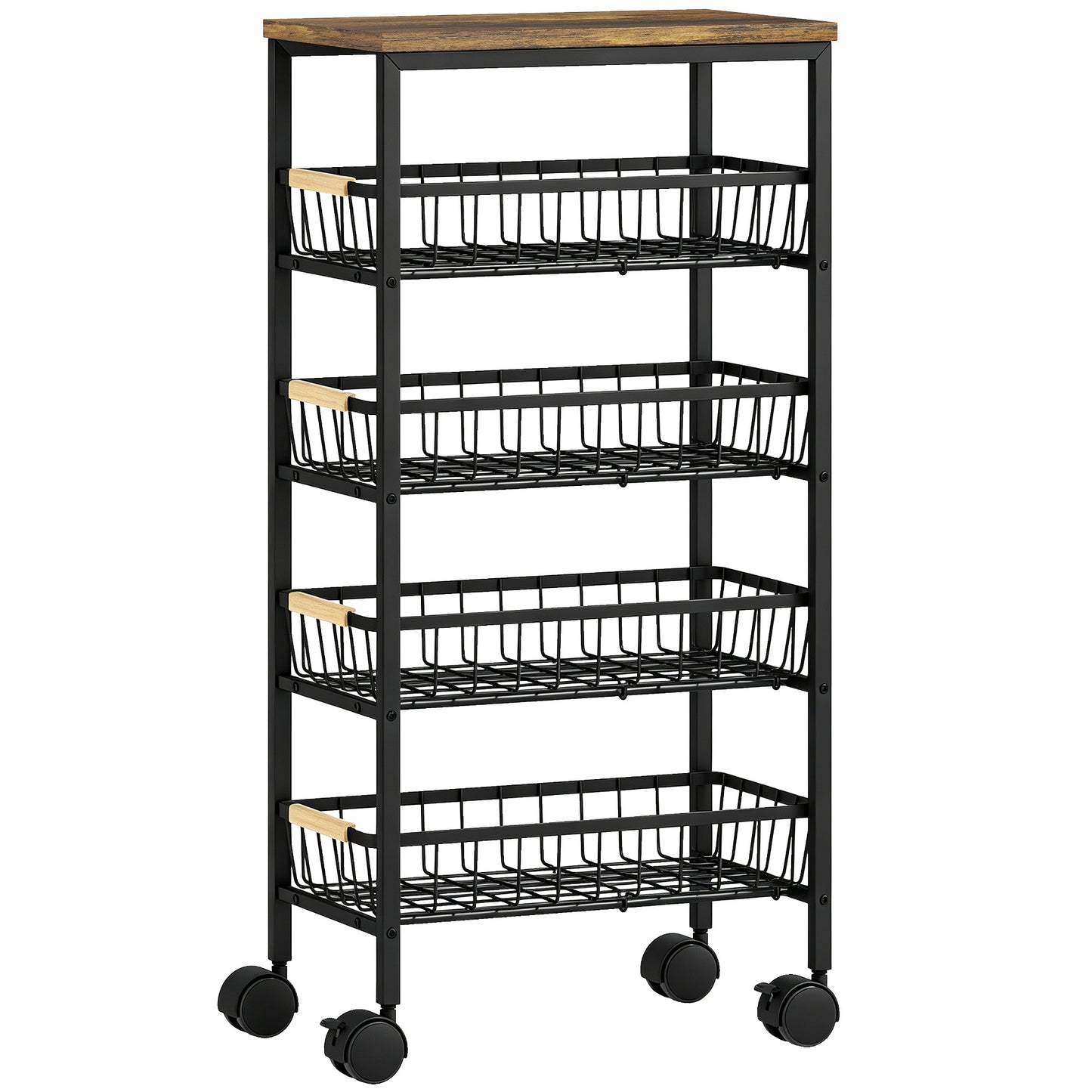 Metal Kitchen Trolley, 4-Tier Storage Trolley with Pull-Out Baskets and 4 Swivel Casters for Kitchen, Rustic Brown
