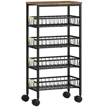 Metal Kitchen Trolley, 4-Tier Storage Trolley with Pull-Out Baskets and 4 Swivel Casters for Kitchen, Rustic Brown