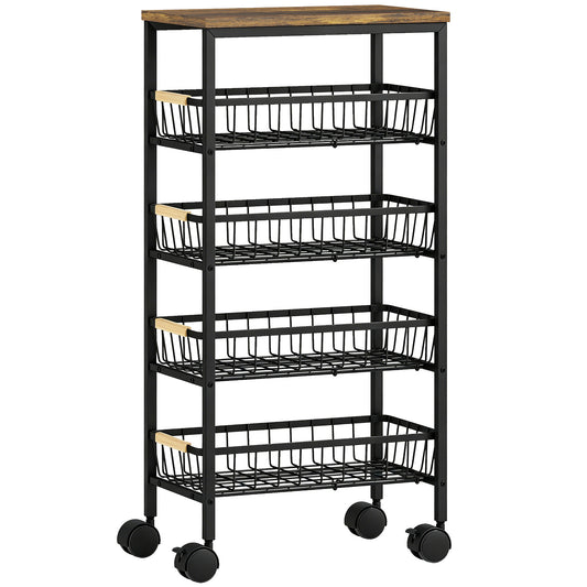 Metal Kitchen Trolley, 4-Tier Storage Trolley with Pull-Out Baskets and 4 Swivel Casters for Kitchen, Rustic Brown