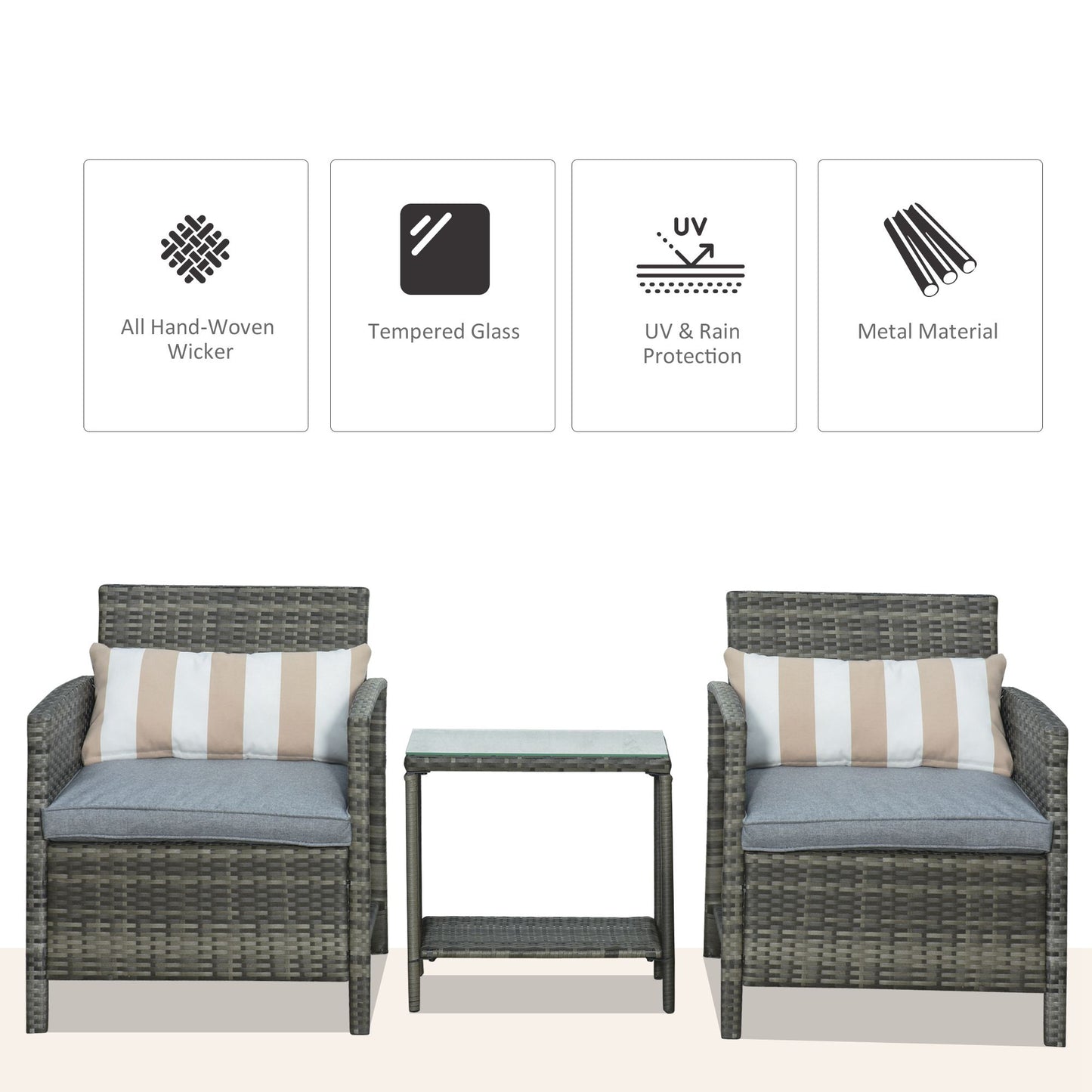 3 Pieces Rattan Bistro Set, Wicker Garden Furniture Set, Glass Top 2-tier Coffee Table and Chairs Set